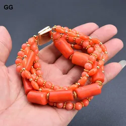 GG 8'' 5 Strands Multi Shape Orange Coral Bracelet Handmade For Lady