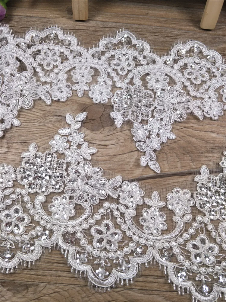 1Yard/13cm White Ivory Sequin Cording Fabric Flower Venise Venice Mesh Lace Trim Applique Sewing Craft for Wedding Dec.