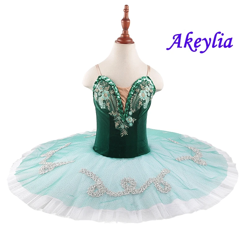 

Green silver Pancake Peformance Tutus women sugar plum fairy competition stage tutu costume Adult Professional Ballet Tutu 19010