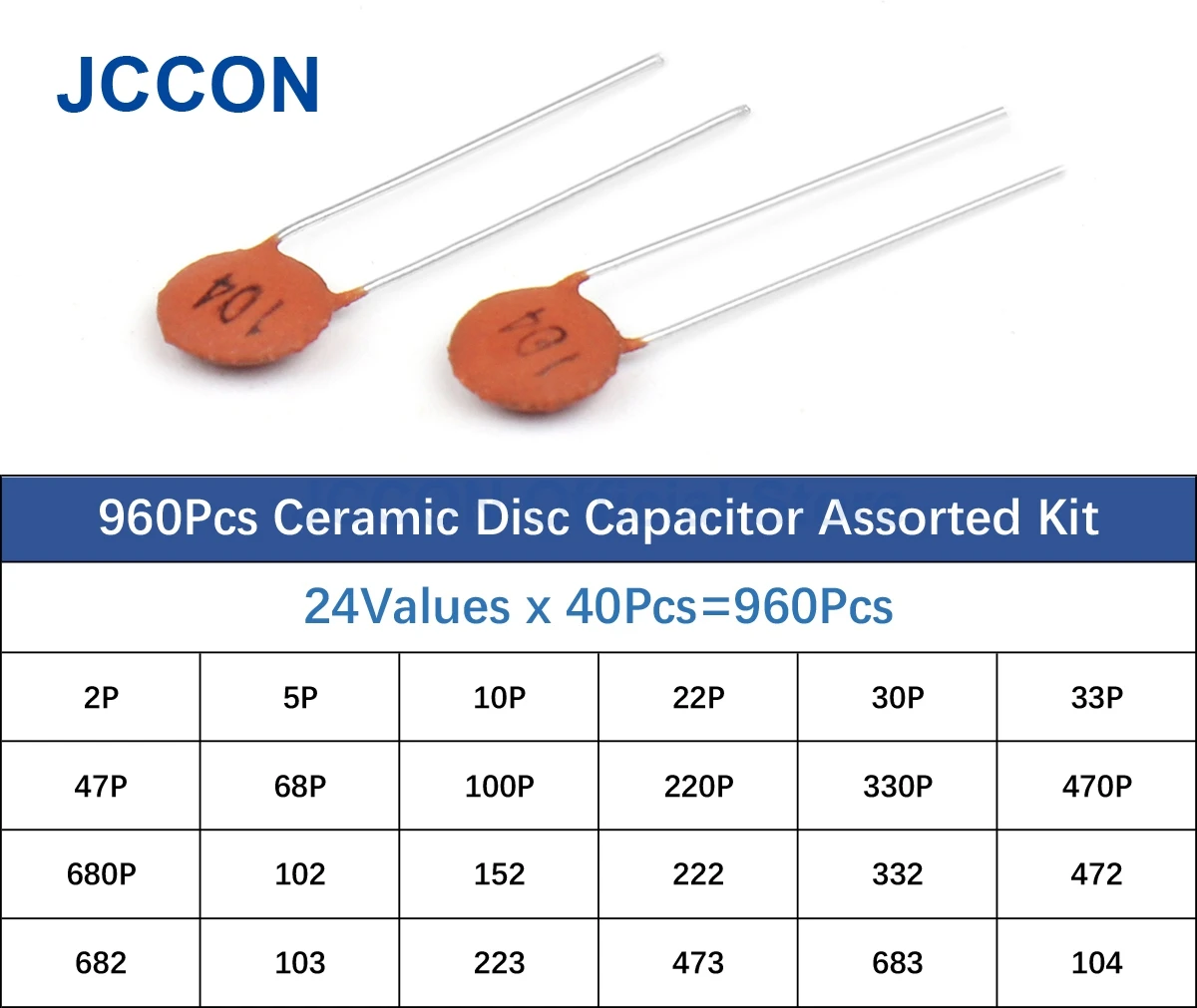 960 Uds cerámica de alta tensión disco condensador Kit surtido 24 valores x 40 Uds = 960 Uds (2pF-0.1uF) con caja de almacenamiento 2P 5P 10P 22P