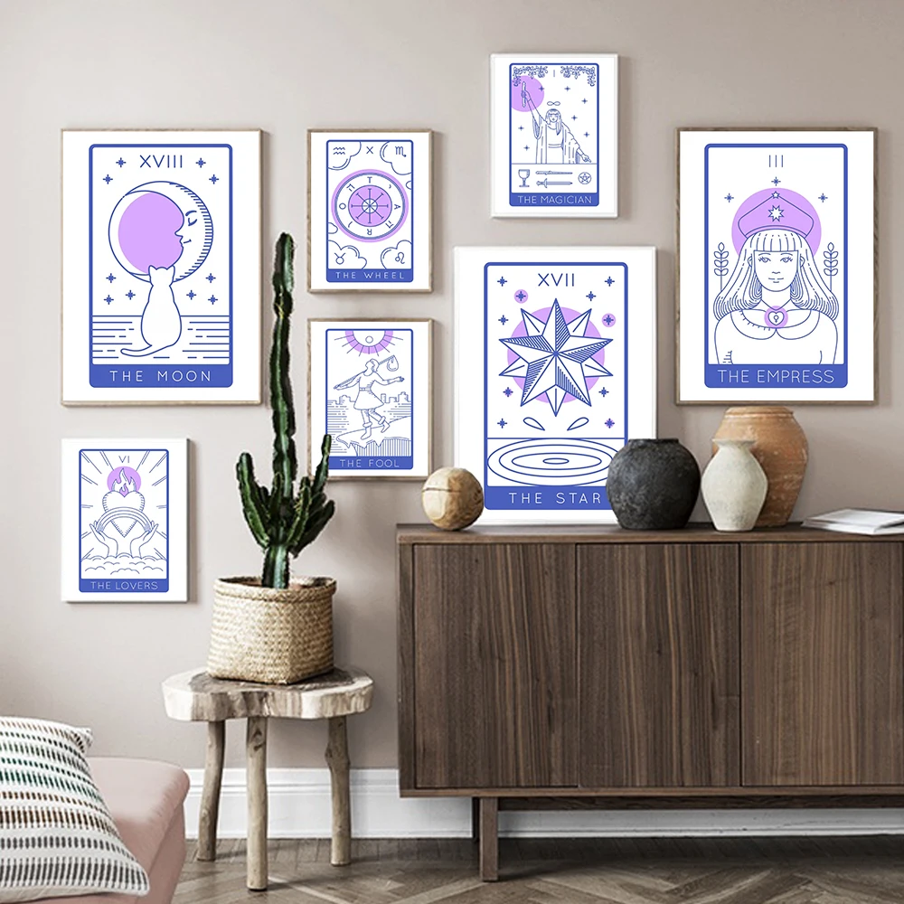 

Blue Tarot Cards Abstract Posters Empress Fool Lovers Wheel Canvas Painting Nordic Magician Card Wall Art Picture Bedroom Decor