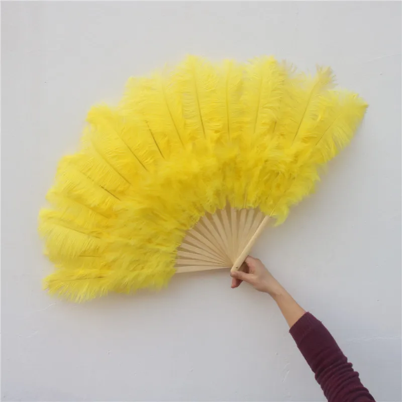 

high quality 15 bones fluffy yellow ostrich feathers fan for dance celebration performance props feather fan plume