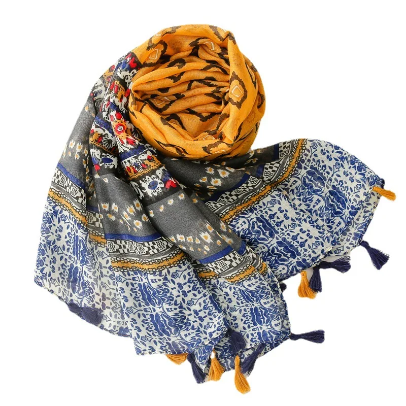 2021 New Geometry Print Tassel Scarves Shawls Women Head Wrap Hijab Free Shipping