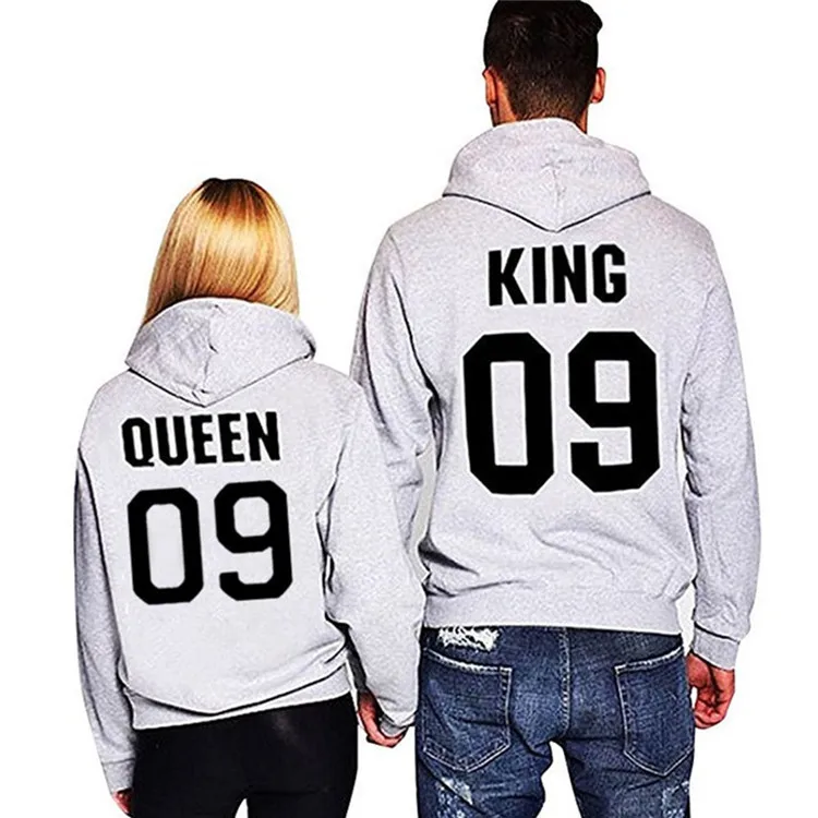 Couple Sweatshirt Women Men Queen King Printed Hooded Long Sleeve Loose Pullover Zip Hoodie Outerwear Top Sweatshirt