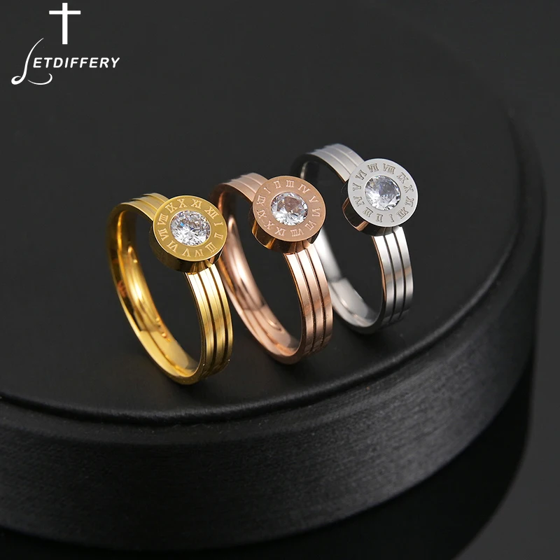 Letdiffery New Roman Numbers Women Rings Stainless Steel CZ Stones Wedding Jewelry For Engagement Gifts