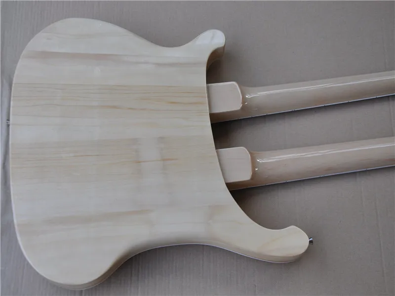 Double neck Natural wood color Electric Bass Guitar with White Pickguard,Chrome Hardware,Provide custom service