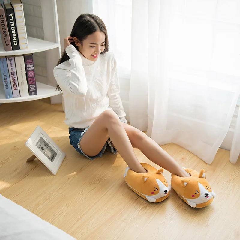 Corgi Cartoon Plush Chinelos para Casa, Bonito Double Shiba Inu, Sapatos de algodão quente, tamanho único, marca