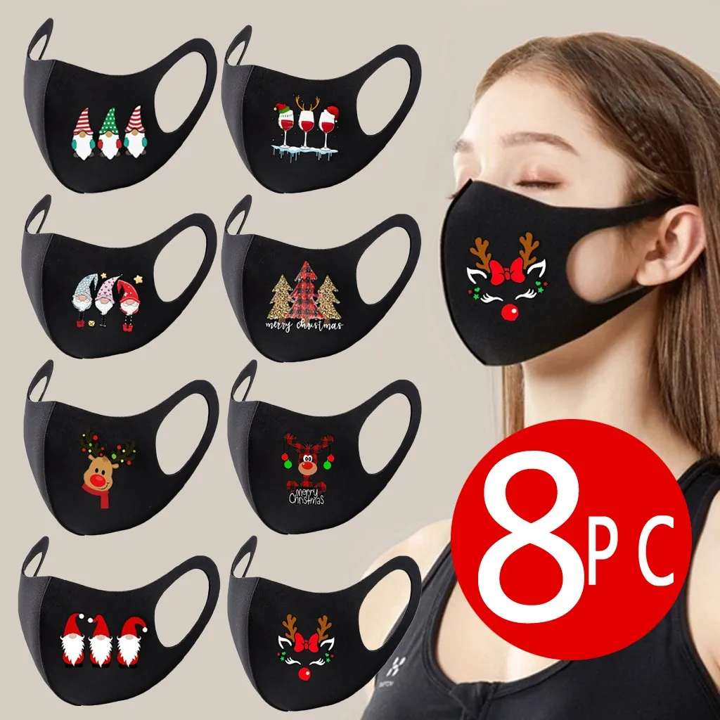 8pc Christmas Design Masks Adult Cotton Face Masks Reusable Colorful Fabric Face Turban Fashionable Neutral Washable Mask Маска