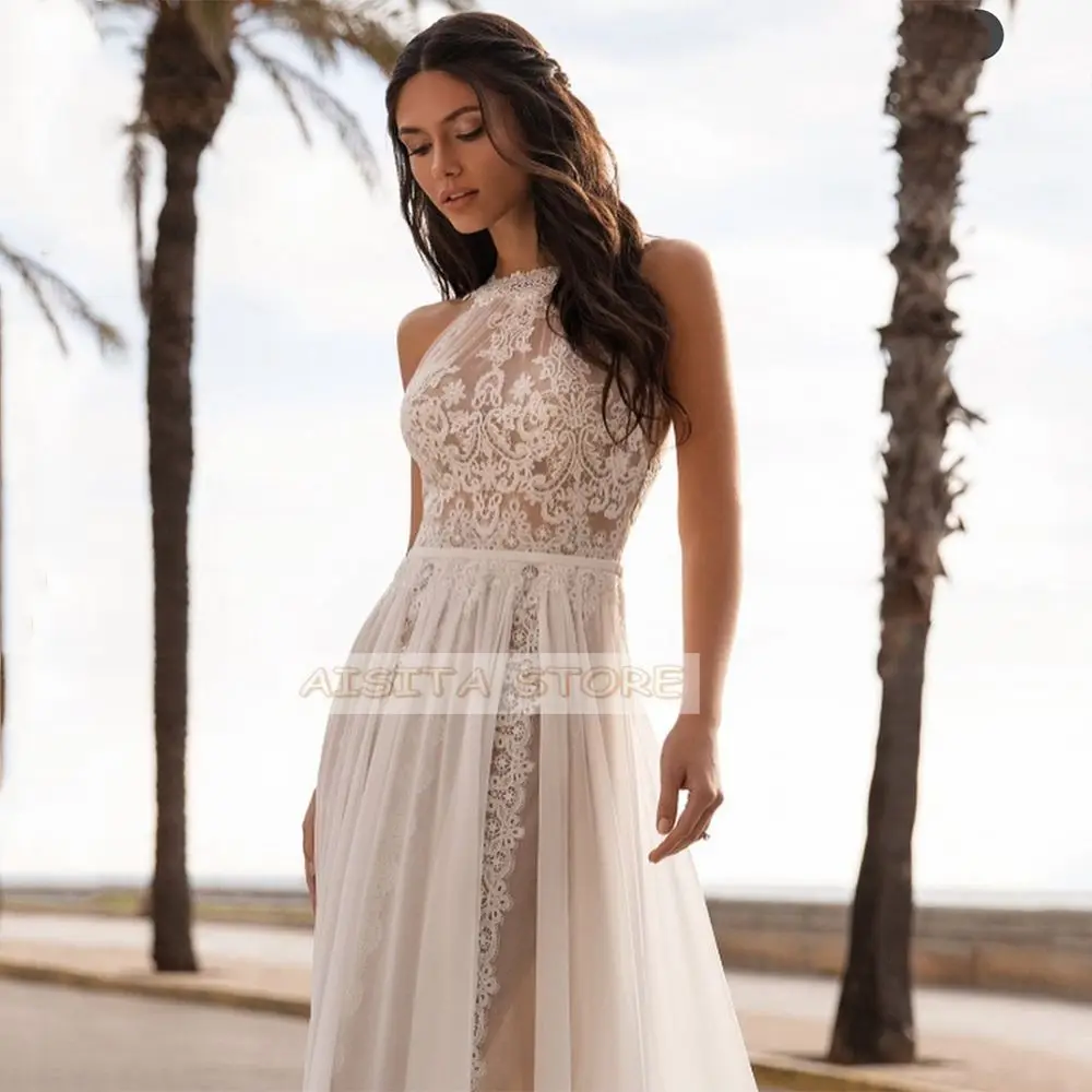 Bohemian Wedding Dresses customized Vintage Sleeveless Backless O-Neck Lace Bridal Gowns Vestido De Noiva Custom Bride Dress