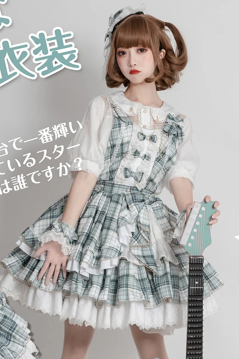 Sweet lolita dress vintage bowknot cute  plaid high waist princess victorian kawaii girl Suspender skirt gothic lolita cos loli