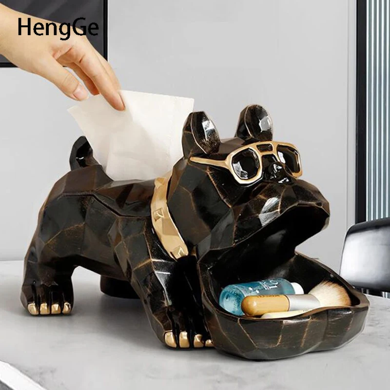 French Bulldog Resin Tissue Box Modern Decor Animal Statue Multifunction Storage Tray Paper Towel Holder Bedroom Home Decoration