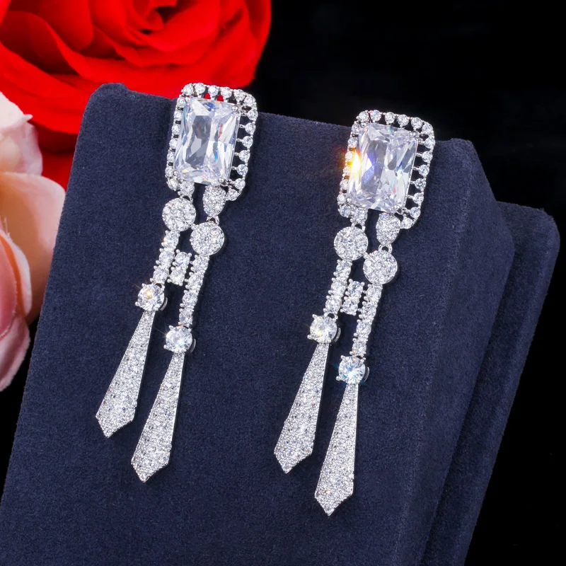 CWWZircons Luxury Yellow CZ Stone Dangle Drop Long Tassel Wedding Earrings Necklace Big Dubai Bridal Dress Jewelry Sets T375