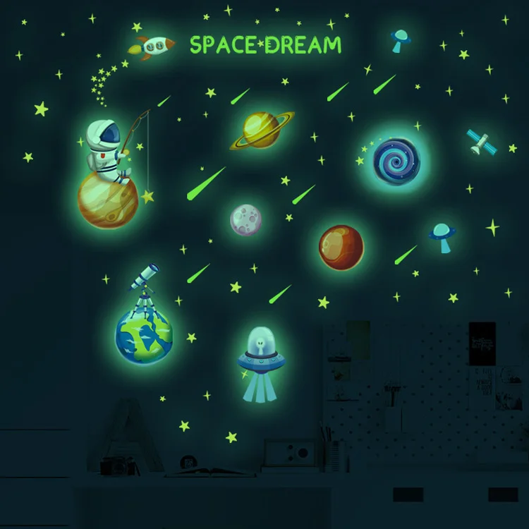 Leuchtende Weltraum-Planeten-Raketen-Wandaufkleber für Kinderzimmer, Schlafzimmer, Heimdekoration, Wandbild, Cartoon-Wohnzimmer, im Dunkeln leuchtende Aufkleber – Detail 9