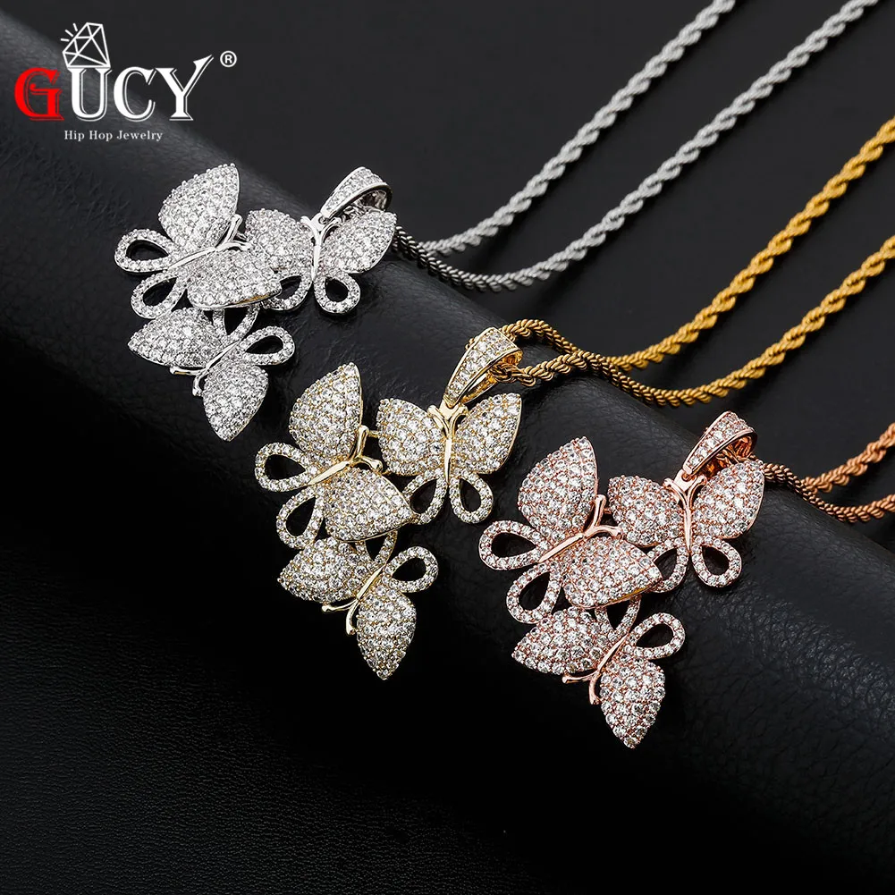 GUCY Butterfly Pendant Necklace  Iced Out Tennis Chain AAA Cubic Zircon Men's Women Hip Hop Rock Jewelry For g