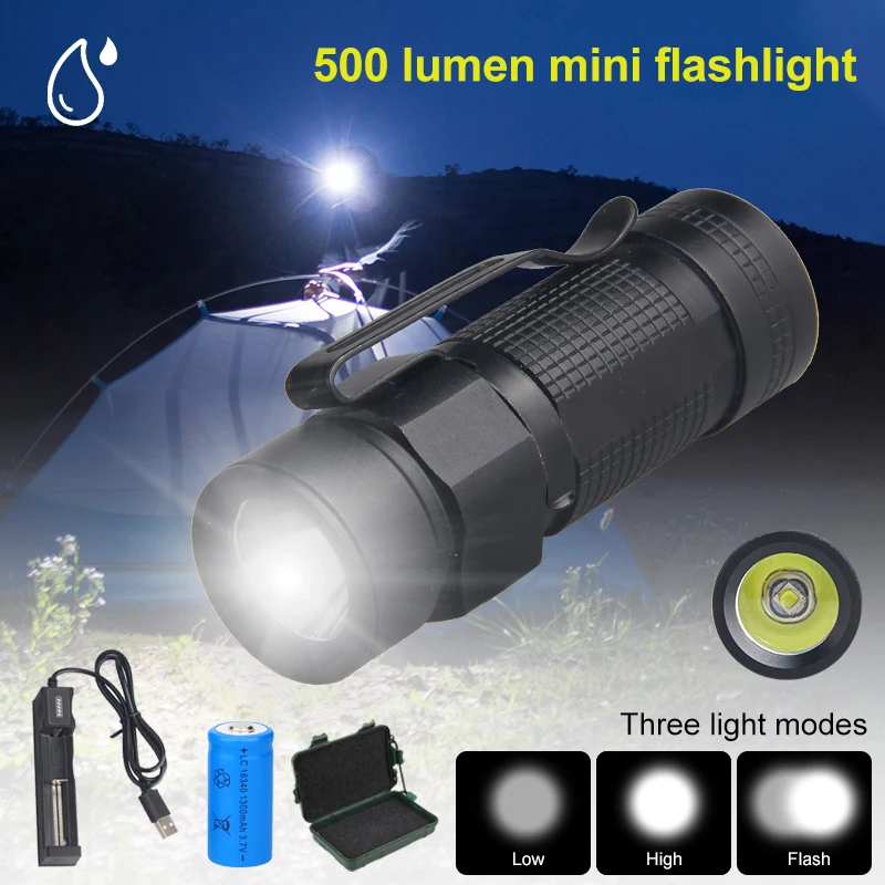 Mini LED White/Red Light UV Flashlight CLIP EDC Portable Hiking Tiny 3Modes Hunting Torch Waterproof Lamp+16340+USB Charger