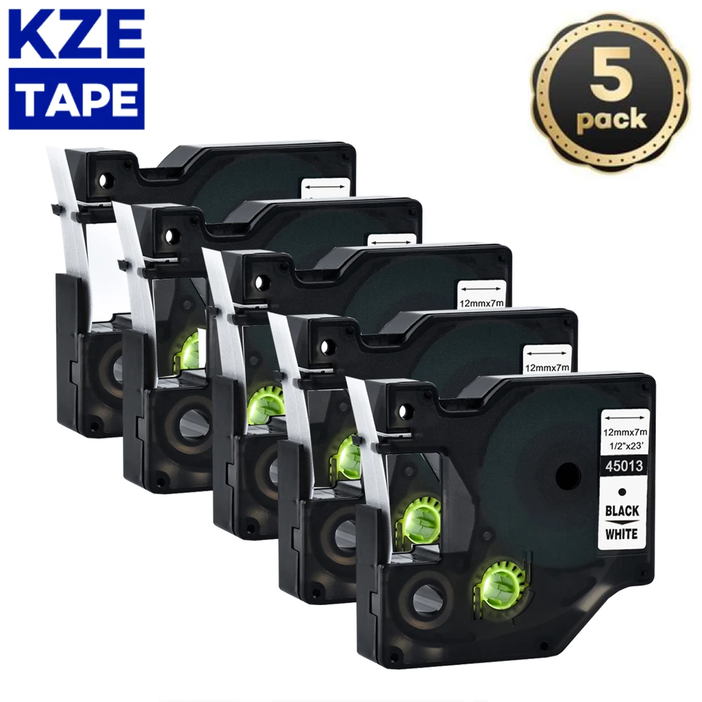 Kze-Cinta de etiquetas de 12mm, 5 piezas, 45013, negra sobre blanca, Compatible con impresora de etiquetas Dymo Label Manager LM160 280 Dymo PNP