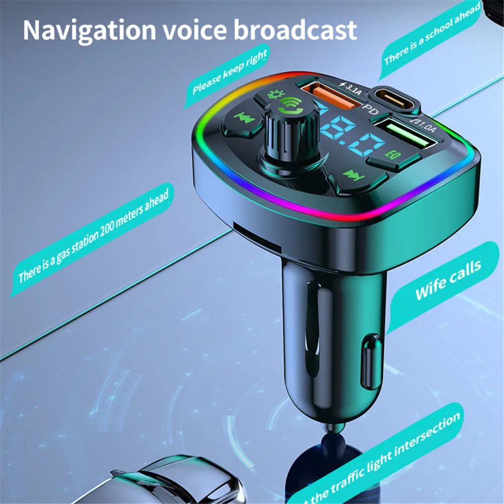 Car Bluetooth Cigar Lighter Radio FM Transmitter PD 18W Type-C Dual USB 3.1A Colorful Ambient Light Charger MP3 Music Player