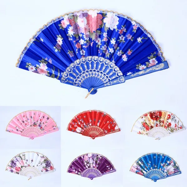 Vintage Silk Folding Fan Retro Chinese Plastic Floral Plum Blossom Dance Props Hand Fan Gift Craft Ornament Home Decoration