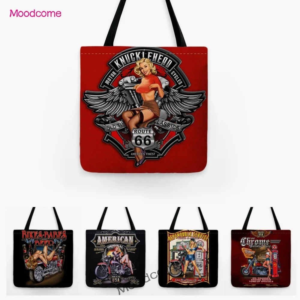 Sexy Motocycle Chopper Girl Fashion Unique Exclusive Large Shopper Bag Shoulder Bag Water Resistant Linen Foldable Tote Bag