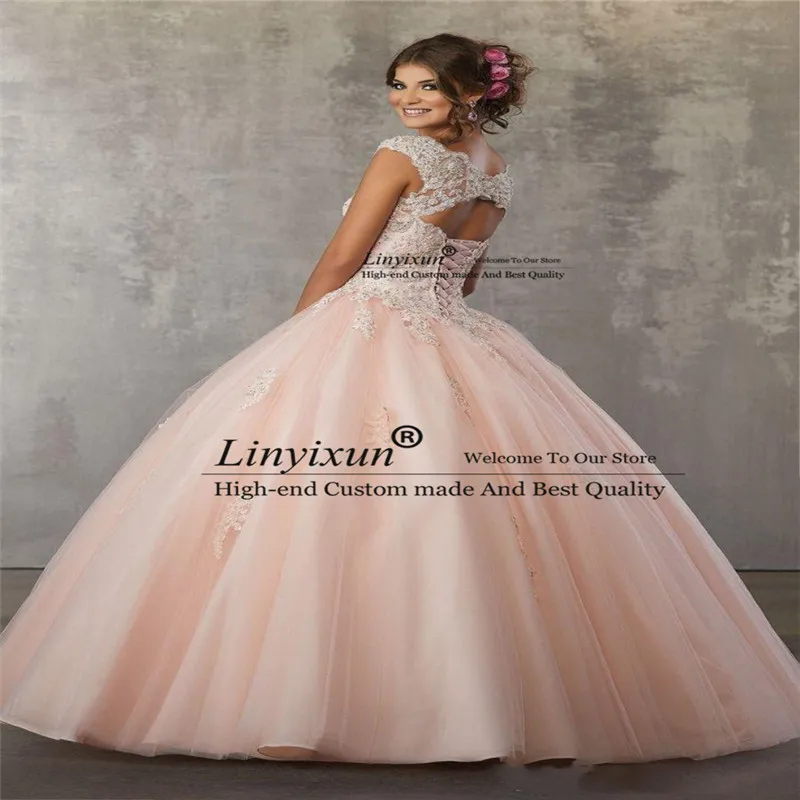 Rosa quinceanera vestidos de baile de manga longa vestidos de baile tule applique rendas sexy doce 16 vestido personalizado 15 anos