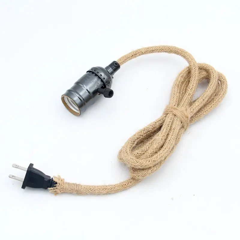 US or EU Plug Power Cords Vintage Hemp Cord Cable With Threaded Bulb Lamp Socket