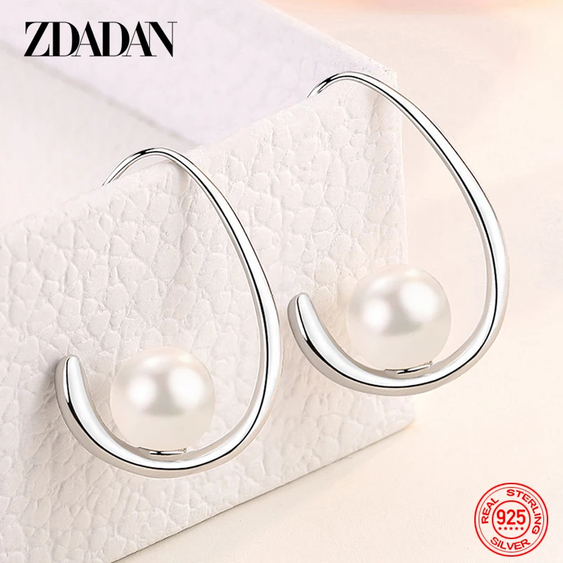 ZDADAN 925 Sterling Silver Pearl Round Dangle Earrings For Women Charm Party Jewelry Gift