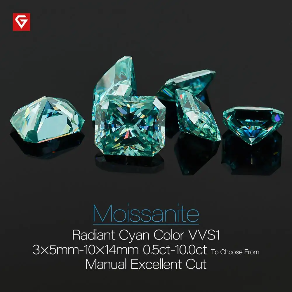 GIGAJEWE Cyan Color Radiant Cut Moissanite Loose Diamond Test Passed Gemstone For DIY Jewelry Making  Gift