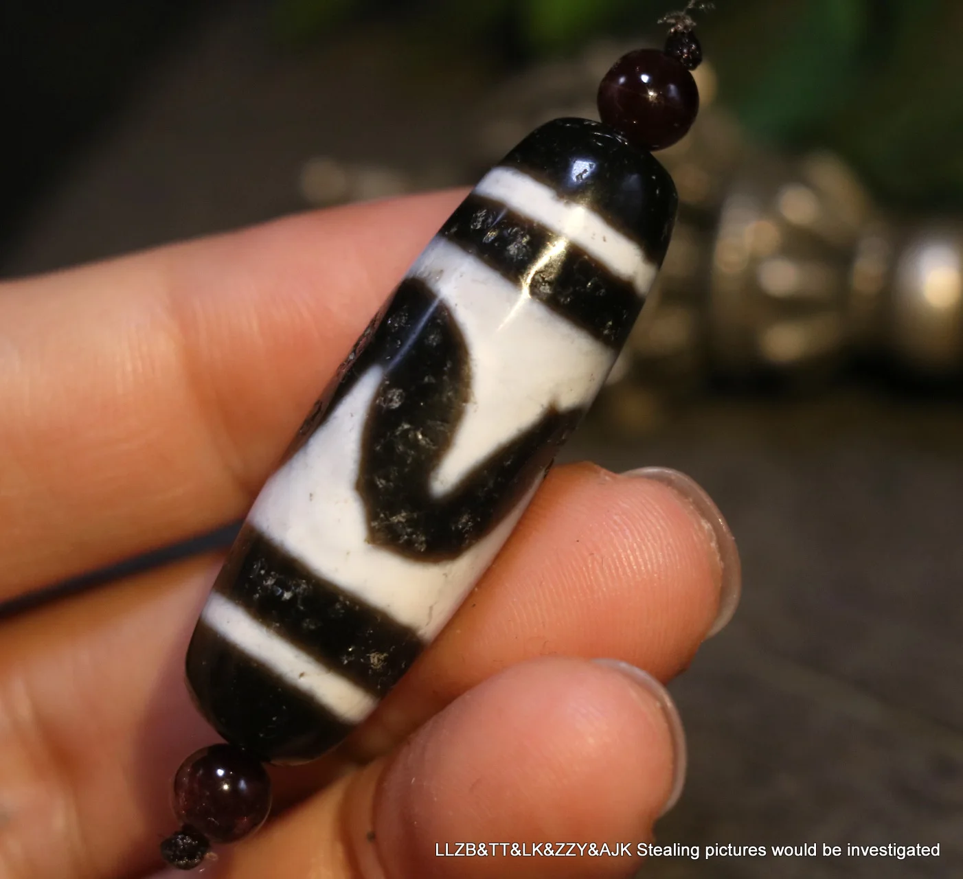 فريد ماجيك التبتية القديمة العقيق الزيتي حاد النمر الأسنان رمز dZi قلادة بها خرزات تميمة 3A UPD 210825 أ1 #5