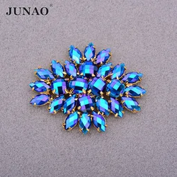 JUNAO 2pc 45*59mm Blue AB Large Flower Glass Claw Rhinestones Applique Sewn Strass Crystal Stones For Wedding Dress Crafts