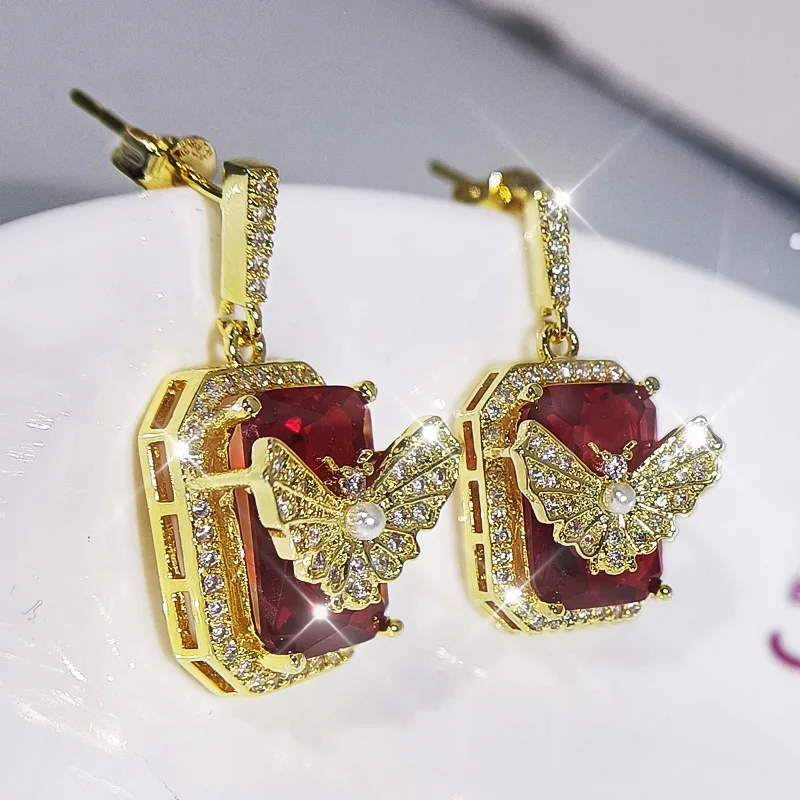 Fashion Elegant Ruby Butterfly Earrings Inlaid Crystal Zircon Three-Dimensional Flower High-Quality Wedding Earring Jewelry Gift