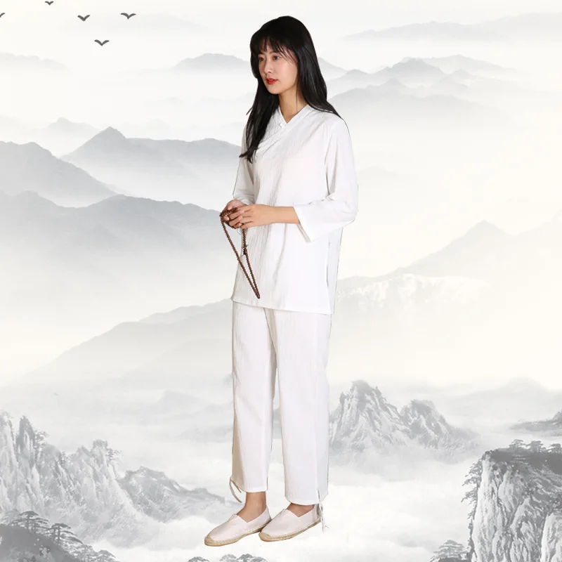 Hot Sale Ameliorate Chinese Cloth Meditation Tai Chi 6 Color Large Size S-6XL V Neck Nine Points Sleeve Martial Arts Suit