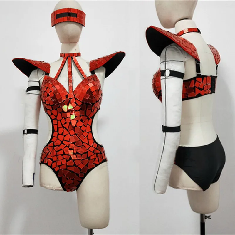 

Red Silver Mirror Flying Shoulder Sequins Backless Bodysuit Women Bar Dancer Team Stage Sexy Performance Clothes