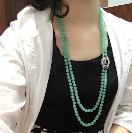 natural dongling green jade beads multilayer micro inlay zircon clasp long necklace sweater chain fashion jewelry