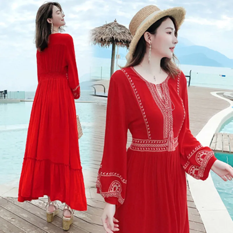 

Spring Autumn New Fashion Red Beach Maxi Dress Women O-Neck Long Sleeve Thailand Seaside Resort Ethnic Dresses