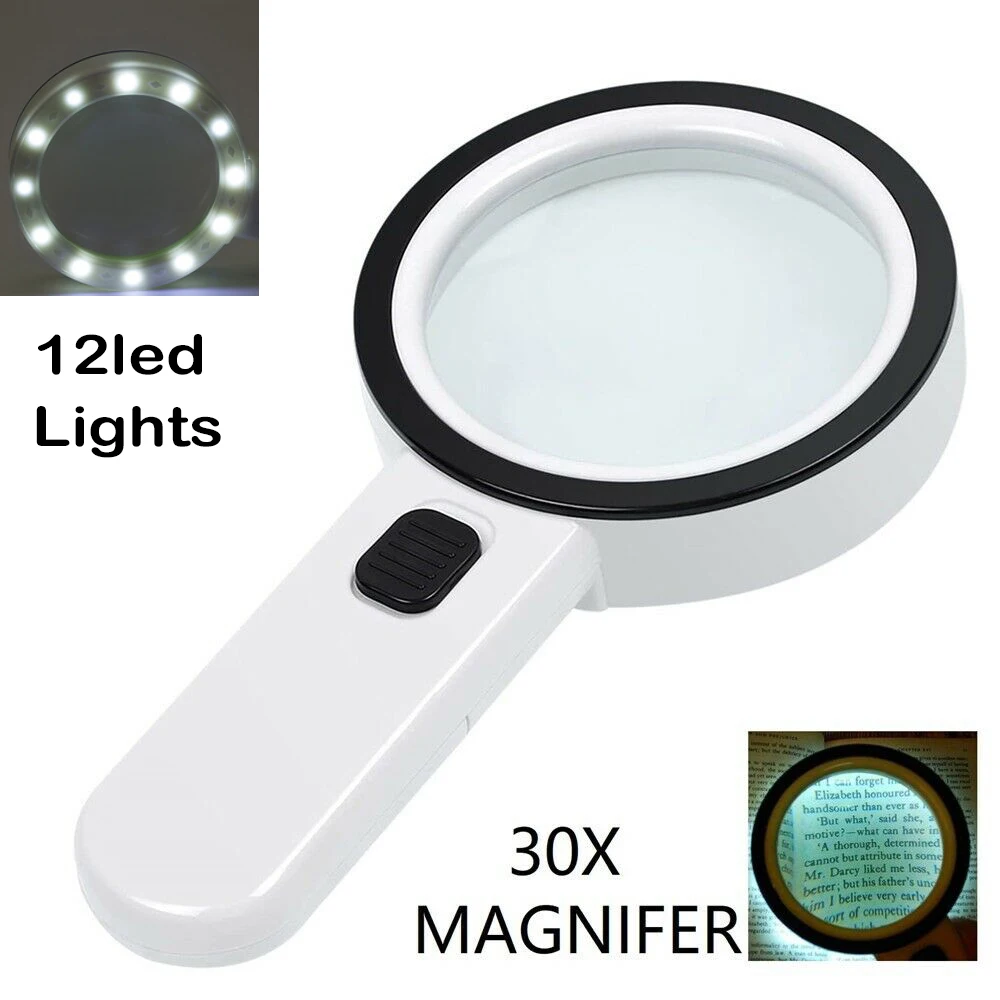 D2 Handheld Magnifying Glass w/ 12 Bright LED Light Illuminated Magnifier Book Reading Light Torch Lamp Night Light Flashlight