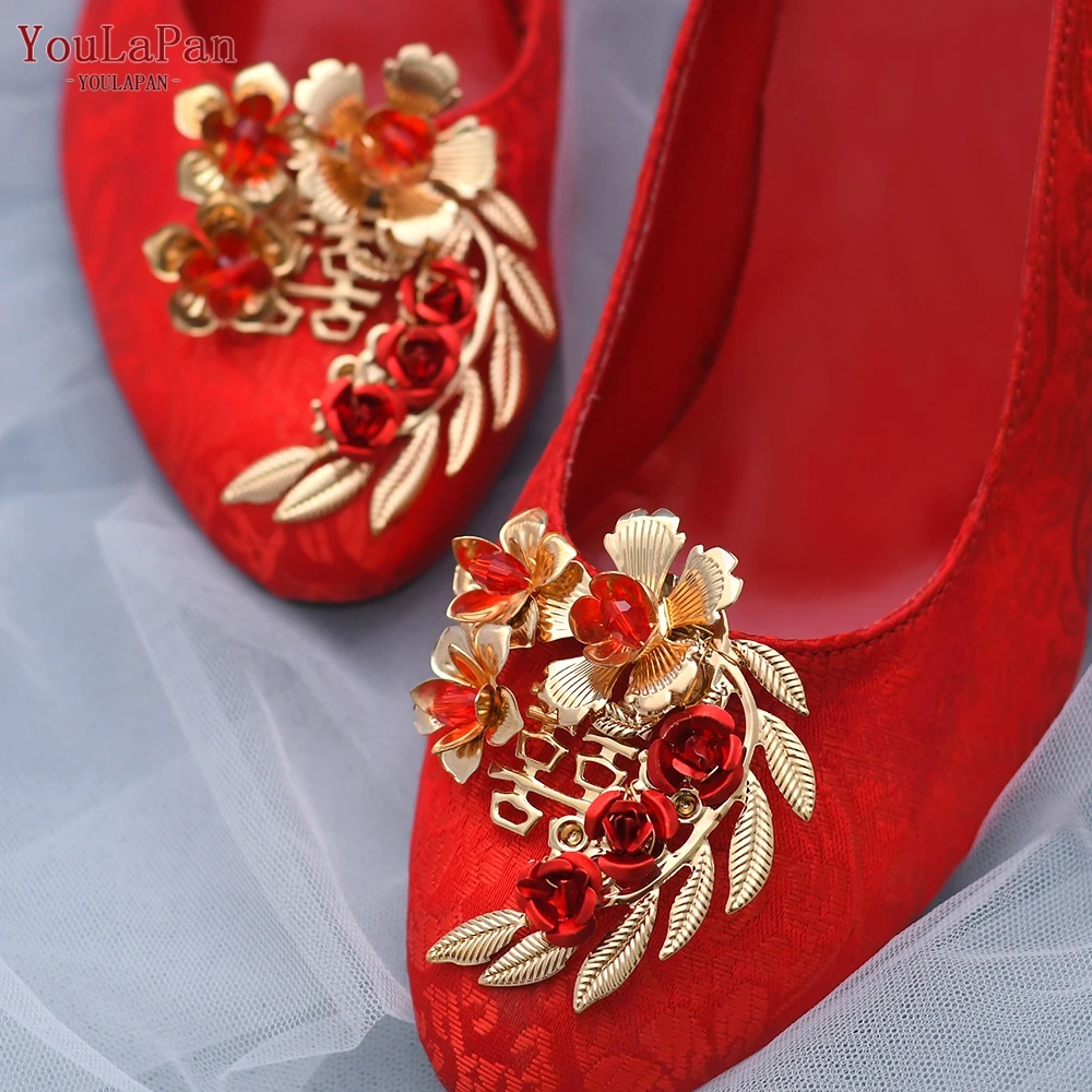 YouLaPan X28 Bride High Heels Clips Chinese Wedding Shoes Buckle Alloy Flower Shoes Clips Accessories Red Rose Shoe Buckle