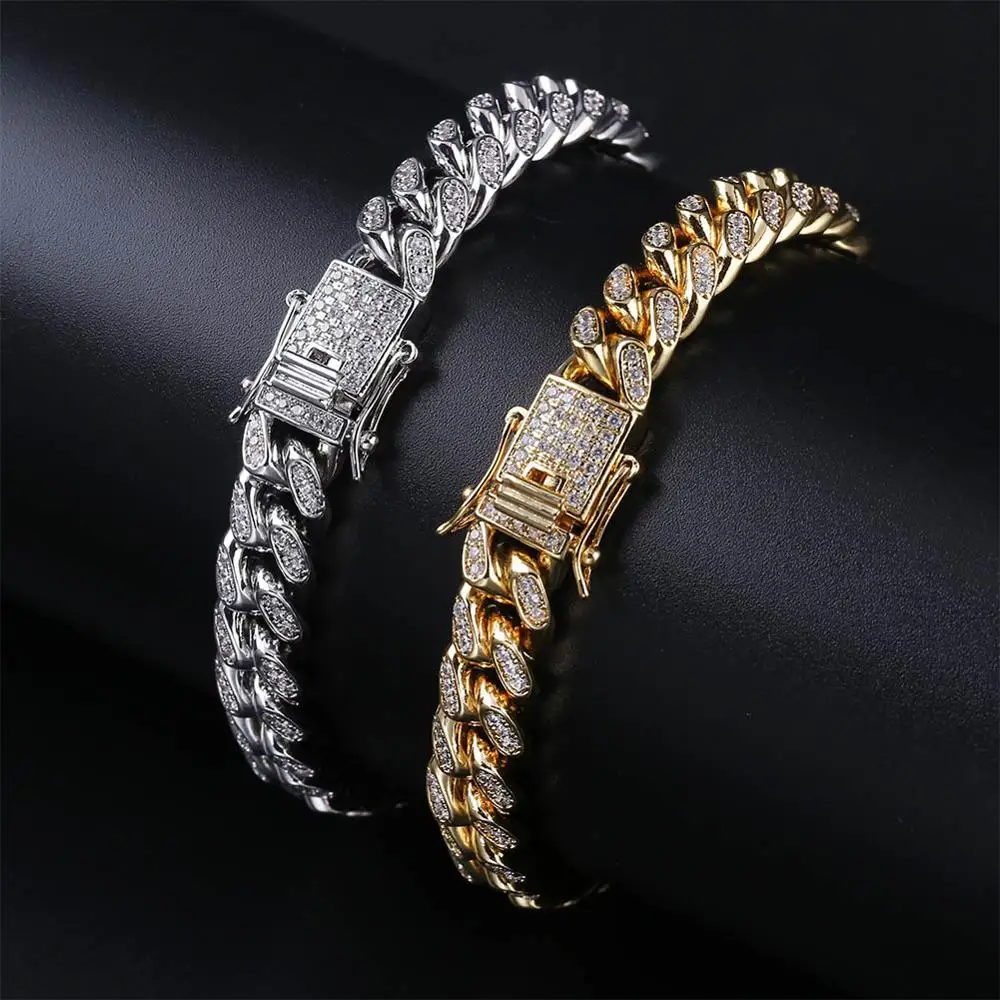 

10mm Hip Hop Full AAA+ CZircon Paved Bling Ice Out Cuban Miami Curb Link Chain Bracelets for Men Rapper Jewelry