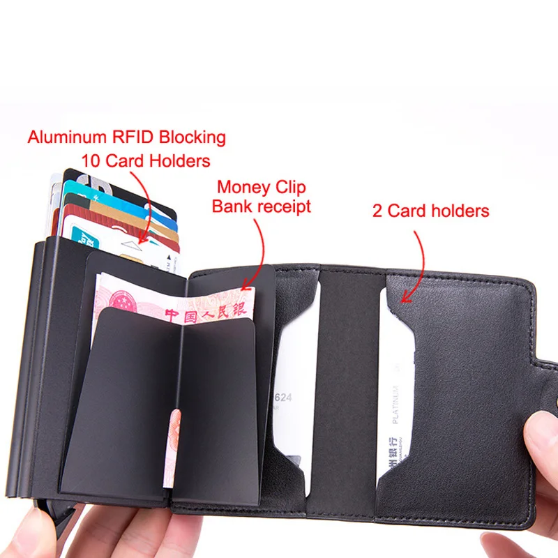 RFID Protection Men Credit Card Holder Double Aluminium Box Metal Case Crazy Horse Leather Anti Theft ID Travel Wallet For Women