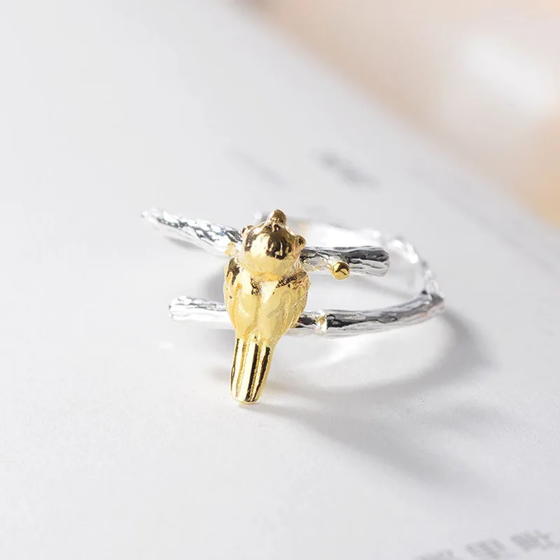

Creative Simple Bird Ring Lady Plated Two Tone Opening Adjustable Branch of A Tree Ring Charm Lady Nightclub Party Jewelry