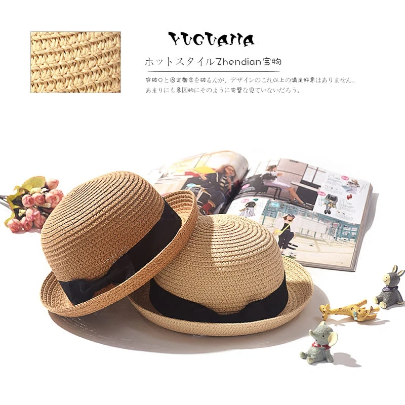 Hats For Women Summer Sun Protection Straw Hat Female Round Top Curled Brim Parent Child Student Sunshade Travel