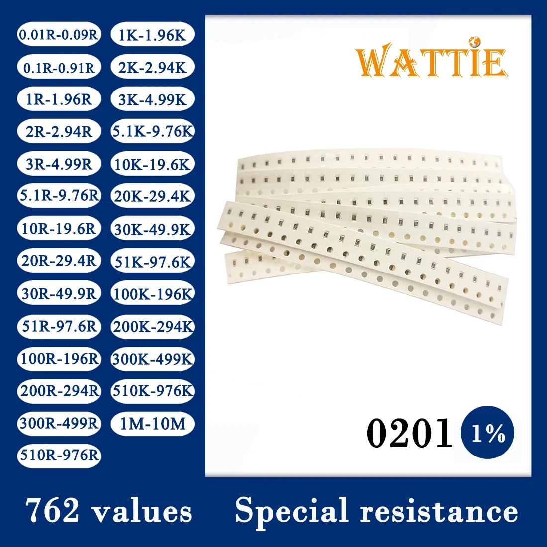 0201 1% Special resistance package 0603mm 1/20W resistor kit resistor assortment 762 values 50pcs/values 0R-10M SMD Sample Book