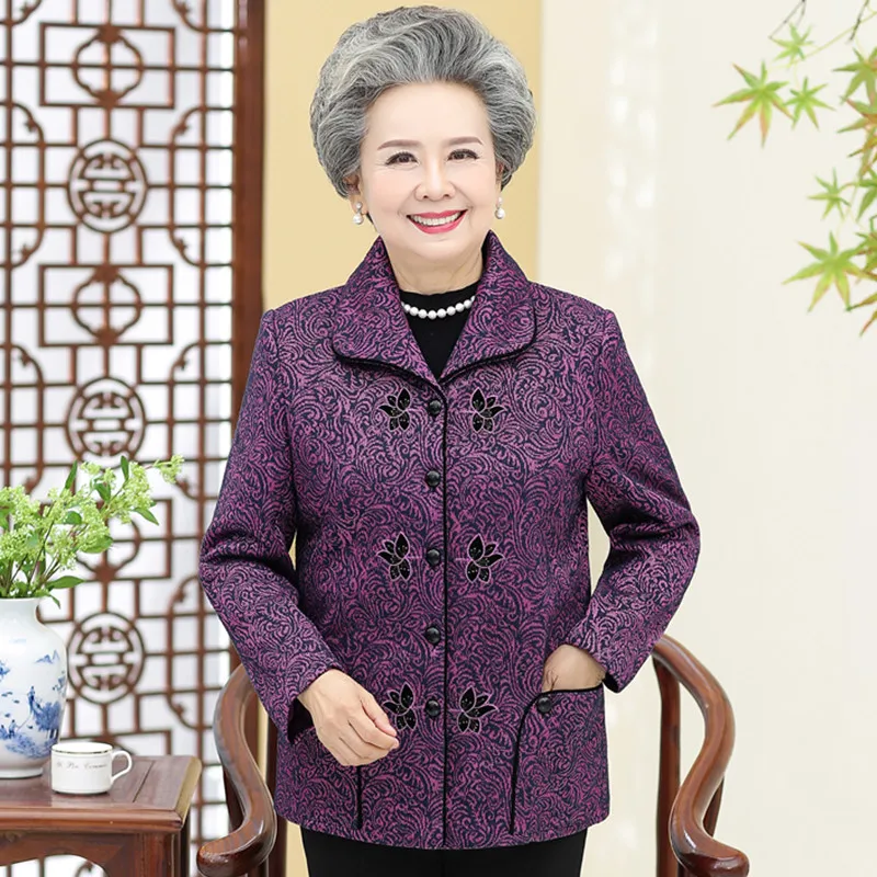 New Elderly Women Spring Autumn Coat Casual Long Sleeve Female Cardigan Tops Grandmothe Jacket Short Outerwear 5XL W2073