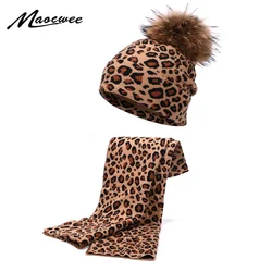 2019 Winter Leopard Crochet Beanie Hat Thick Female Women Knit Hat Beanies With Real Fur Pompon Hair Ball Warm Outdoor Girl Cap