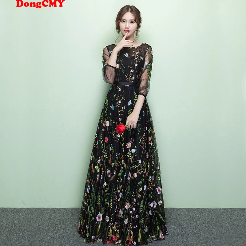 

New Long Formal Flowers Evening Dresses DongCMY Robe De Soiree Embroidery Plus Size Short Sleeves Prom Party Dress