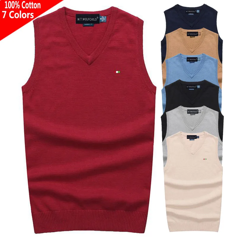 

100% Cotton Spring Autumn New V-Neck Pullovers Mens Knitted Vest Sweaters Casual Sleeveless Vest Fashion Slim Male Tops M-3XL