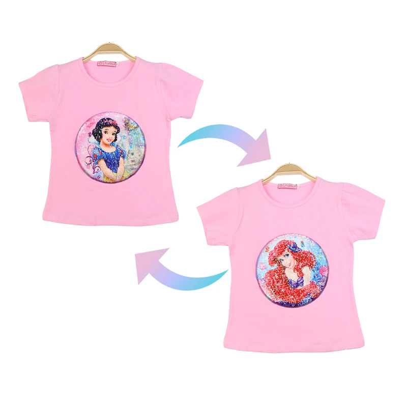 

Summer Girl T-shirt Costume 1 Piece Of Sequins Change Graphics Snow White Ariel Mermaid Cotton Children's Casual Kids 3-9Y