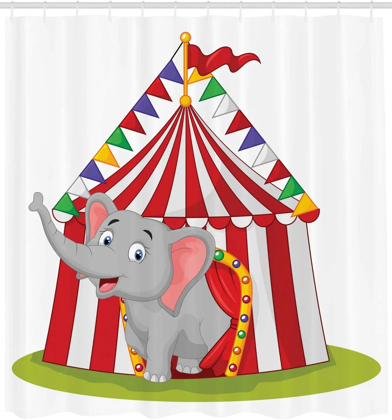 Circus Shower Curtain Illustration of Happy Elephant in Colorful Circus Tent Carnival Entertainment Theme Bathroom Decor Set