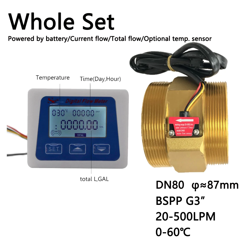 ZJ Digital Flow Meter & DN80 20-500L/min Sensor 4.5V Reader Compatible with All Low Consumptio Sensor Optional Temperature NTC50