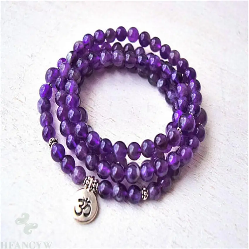 

6mm Amethyst Gemstone Mala Bracelet 108 Beads pendant Buddhist MONK Healing Zazen spirituality Chakas Stress Gemstone Wrist Men