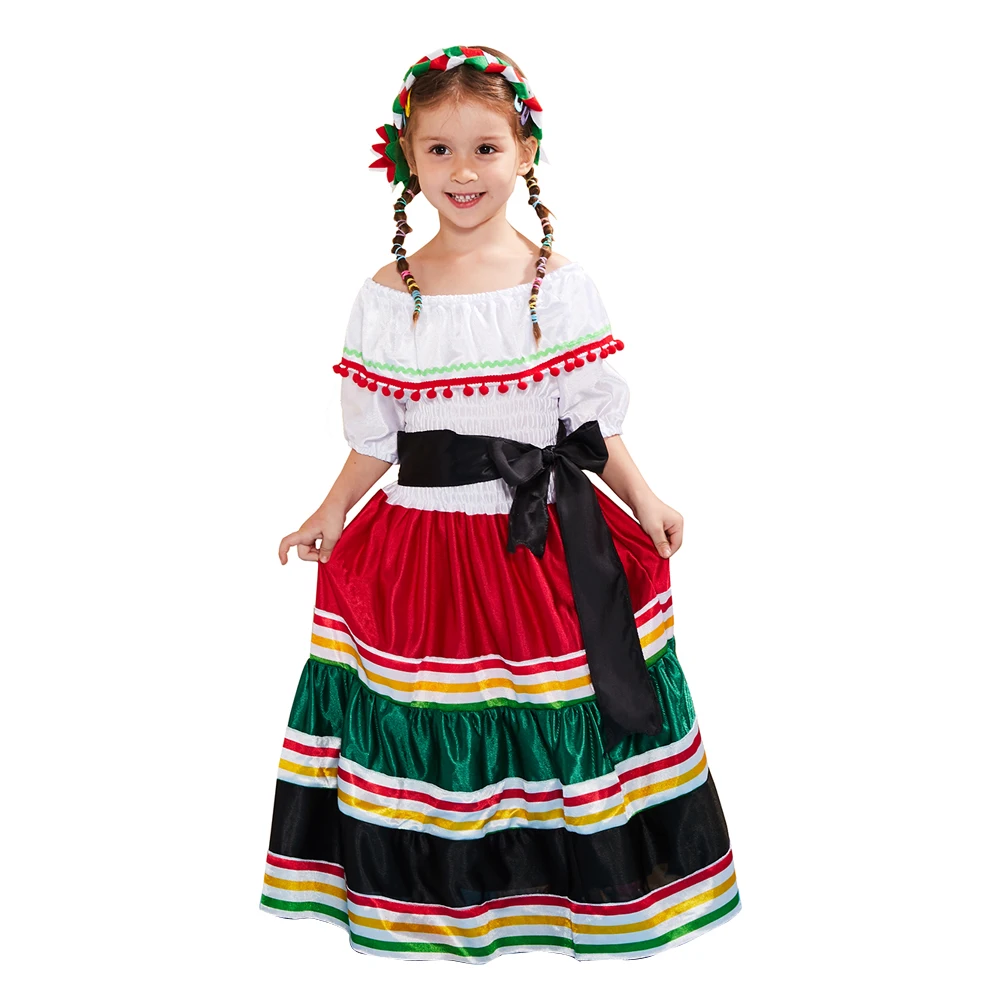 Eraspooky Traditional Folk Mexican Dress Women Girls Halloween Costume For Girl Mexico Carnival